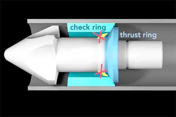 Graphic image showing the check ring and nozzle of a plastic injection molding machine