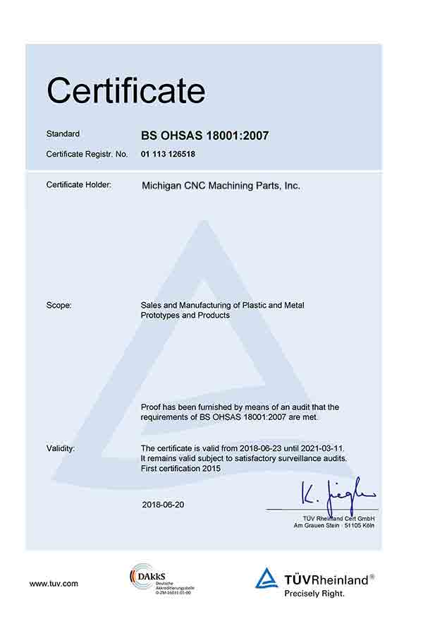 BS OHSAS 18001:2007 certificate at Michigan CNC Machining Parts, Inc.