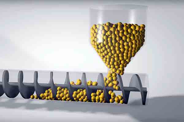 3D illustration showing plastic pellets entering the barrel of a plastic injection molding machine