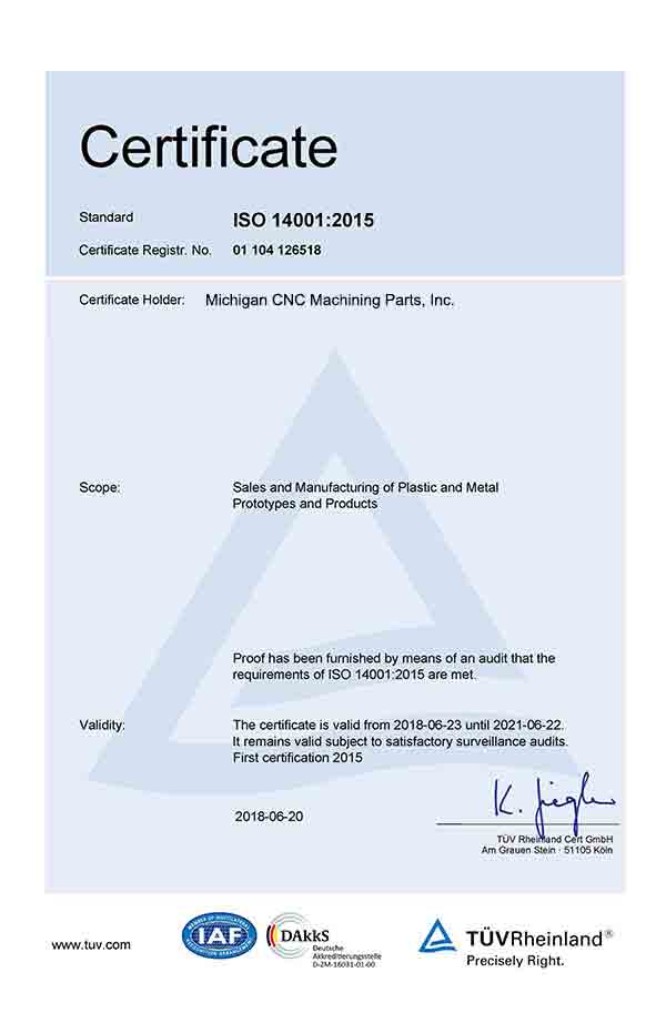 ISO 14001:2015 certificate at Michigan CNC Machining Parts, Inc.